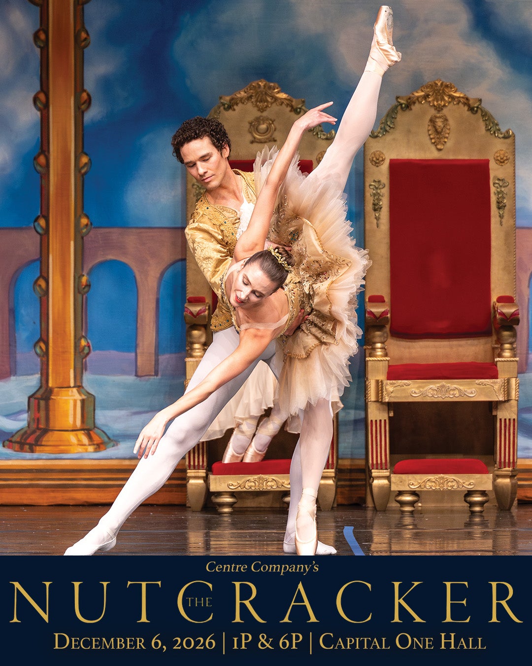 1080x1350-CentreCompany.jpg Two ballet dancers in gold with a backdrop of a kingdom