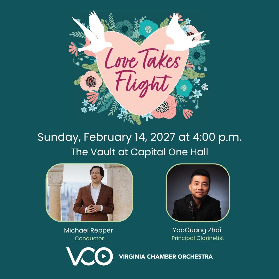 Love Takes Flight.jpg teal background, flowers on the left side with a flower in the middle of it and doves dropping off the show title, conductor and principal in frames below