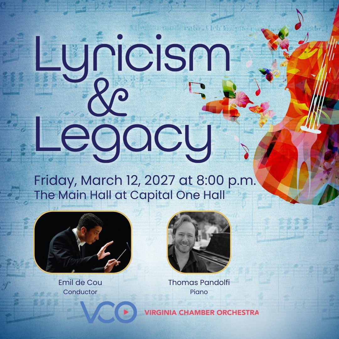 Lyricism & Legacy.jpg sheet music background with a blue tint over it, a vibrant violin with butterflies heading to the show title, prominent figures in yellow frames below.