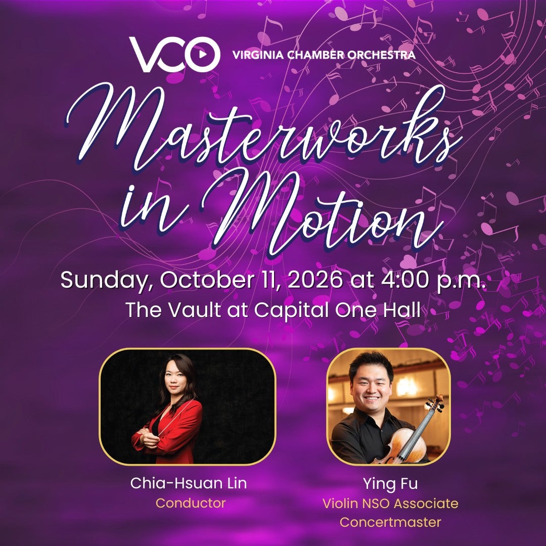 Masterworks in Motion.jpg Purple background with music notes across it, below in frames is the conductor and concertmaster