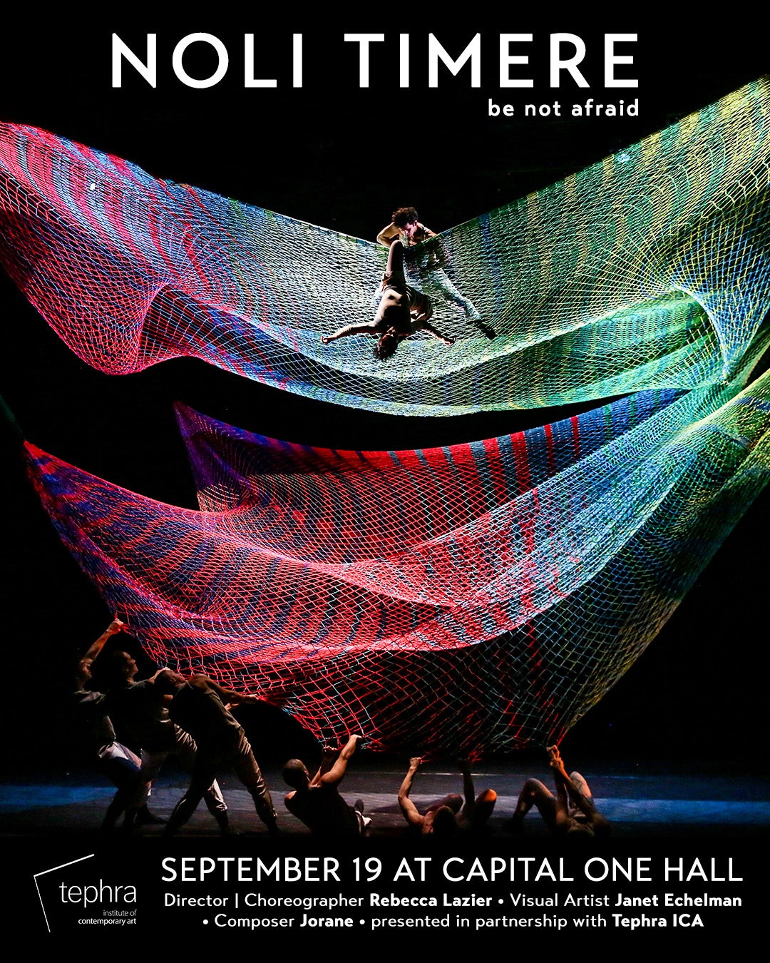 NoliTimere-1080x1350.jpg two dancers on a custom designed net sculpture with additional dancers below on stage