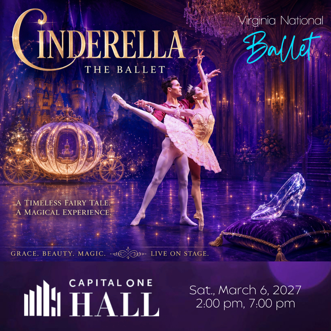 VNB Cinderella COH Social (1080 x 1080 px).png purple ballroom with sparkles, two dancers, a carriage behind them and a glass slipper in front on a pillow